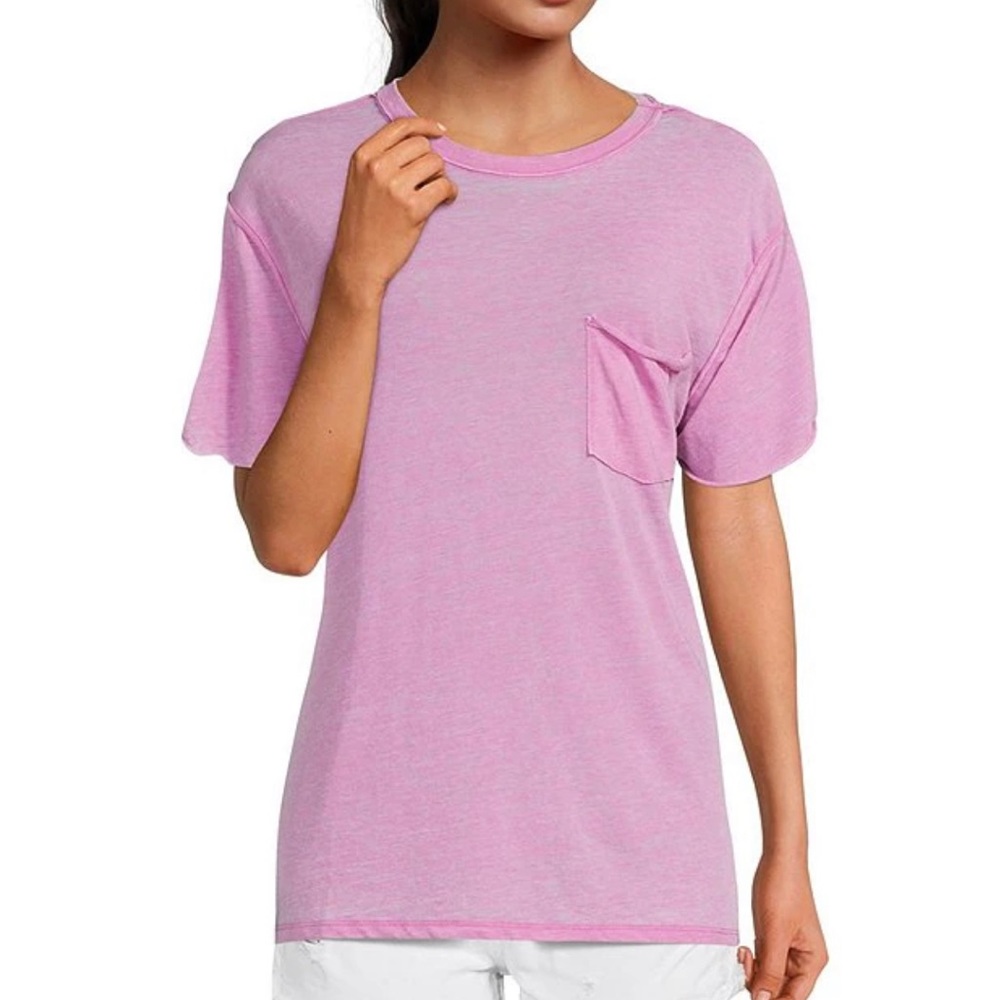 Free People Vella Crew Neck Short Sleeve Unfinished Trim Pocket Tee Pink Plum